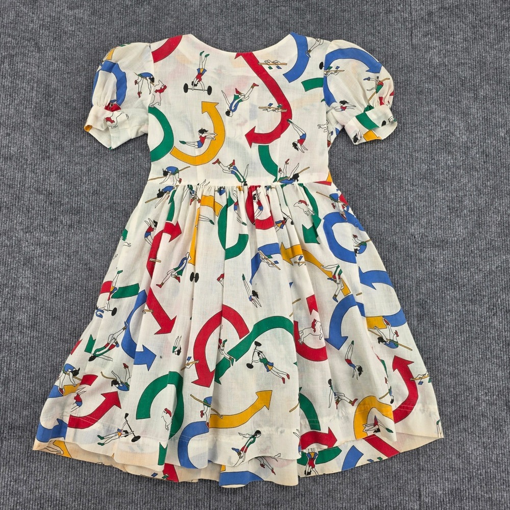 Vintage Handmade Girls Novelty Print Dress Gymnast Sports Arrows White 26.5in L